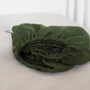 Green CRIB FITTED SHEET of softened linen for babies, toddlers, kids in handmade, nursery stuff, shower gift,  register