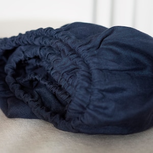 Navy blue CRIB FITTED SHEET of softened linen for babies, toddlers, kids in handmade, nursery stuff, shower gift,  register