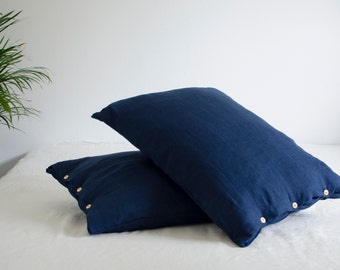 Two navy blue buttoned very soft LINEN PILLOWCASES in handmade and made to order