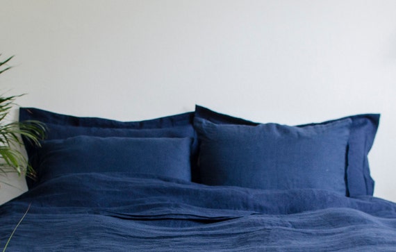 Two Navy BLUE Oxford Style PILLOWCASES of 100 Pure Very SOFT Linen in Handmade Pillowcase With Flanges Etsy