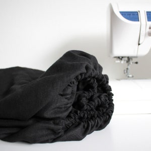 Black linen fitted sheet, single twin, double full size sheet with elastic band in handmade by flaxbox, softened natural linen sheet
