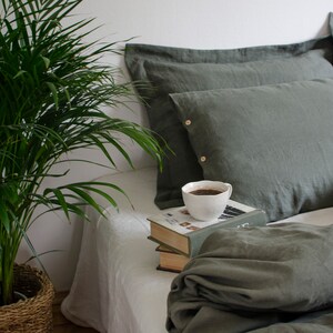 2 moos green PILLOWCASES 50x65cm 20x 25 with wooden buttons, handmade of softened flax linen fabric image 3