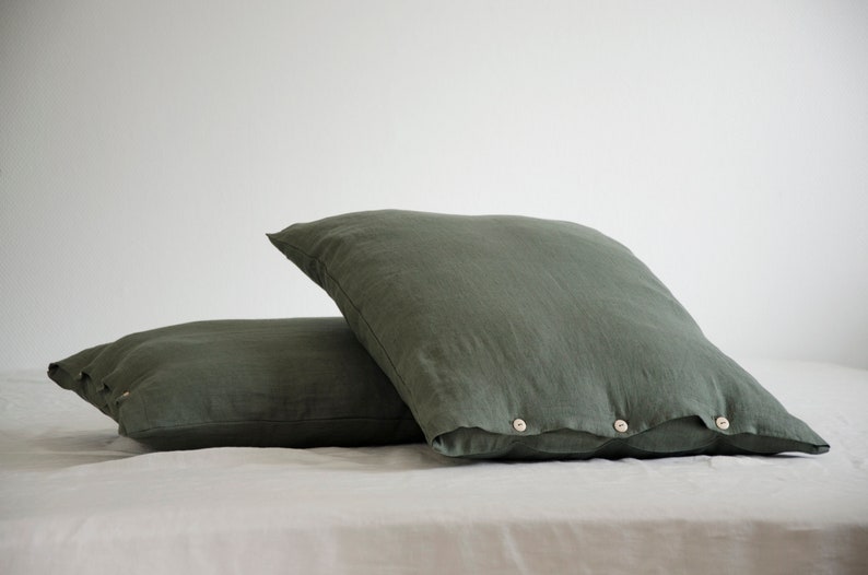 2 moos green PILLOWCASES 50x65cm 20x 25 with wooden buttons, handmade of softened flax linen fabric image 1