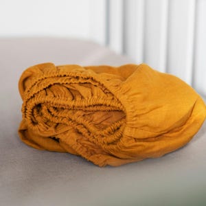 Saffron yellow CRIB FITTED SHEET of softened linen for babies, toddlers, kids in handmade, nursery stuff, shower gift,  register
