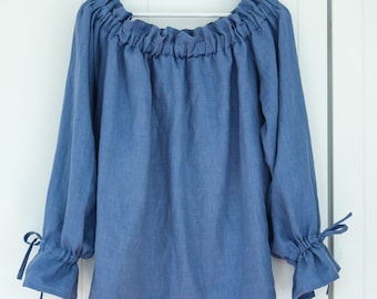 Light blue one size off shoulders blouse handcrafted of ogranic and softened 100% linen, oversized