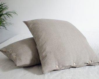 Two buttoned very soft organic linen pillowcases in handmade and made to order by FlaxBox artisans