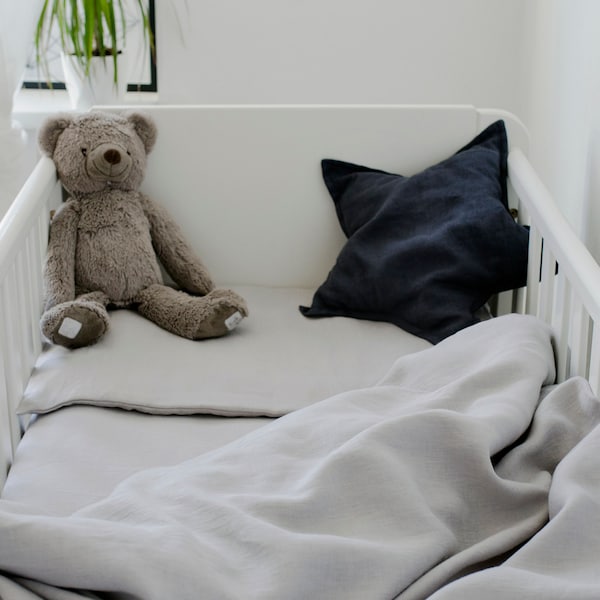 Organic light grey linen bedding set: fitted sheet,  duvet cover, pillowcase, for baybies, toddlers, kids,