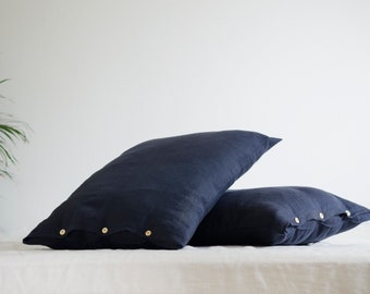 Two dark gray buttoned very soft LINEN PILLOWCASES in handmade and made to order