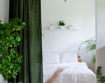 100% linen CURTAINS panel in deep forest green of medium heavy softened europen flax linen, hanging, flat panel curtains