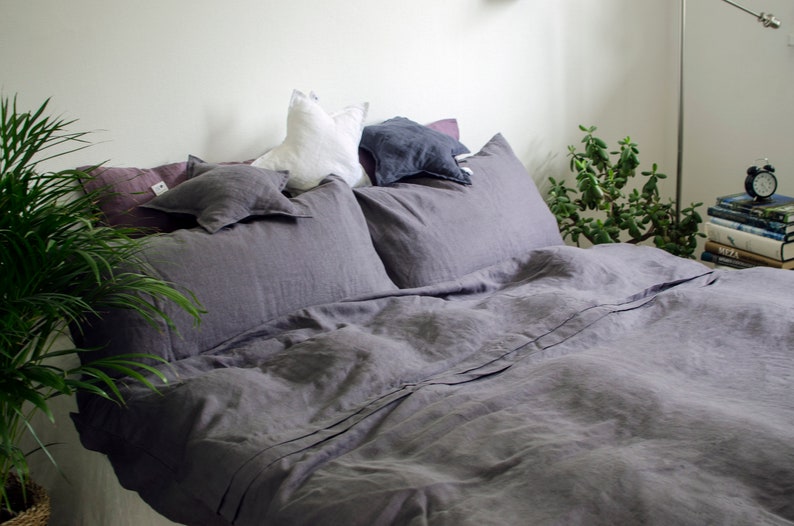 Duvet cover set, US king size, in dark grey, handmade of softened linen image 1