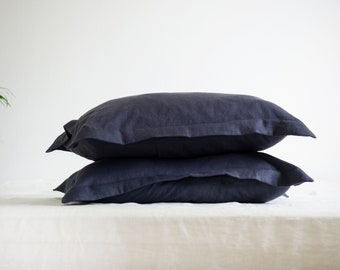 TWO dark grey oxford style PILLOWCASES of 100% pure very SOFT linen in handmade, pillowcase with flanges