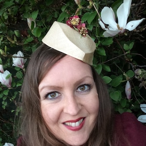 Heart shaped straw hat, fascinator, Valentine, vintage  retro style, with velvet rose flowers and leaves