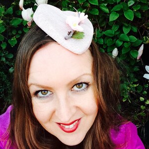 Heart shaped pink sinamay hat, fascinator, Valentine, vintage  retro style, with cherry blossom