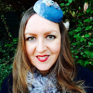 Round pale blue crushed velvet hat, fascinator, couture lined in silk, vintage retro style, with velvet leaves