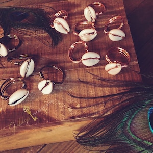 OPO Cowrie Ring wire wrapped by hand in brass or copper by Goddess Treasure Box