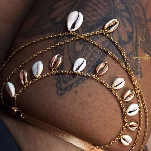 Sacred Feminine Cowrie Garter Thigh Chain. Clubwear, African Jewelry, Exotic dancer, garter belt, body jewelry Goddess, Burlesque