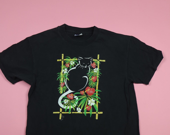 Cute Cat graphic with Bamboo frame and Anthurium flowers 1990s vintage Tshirt