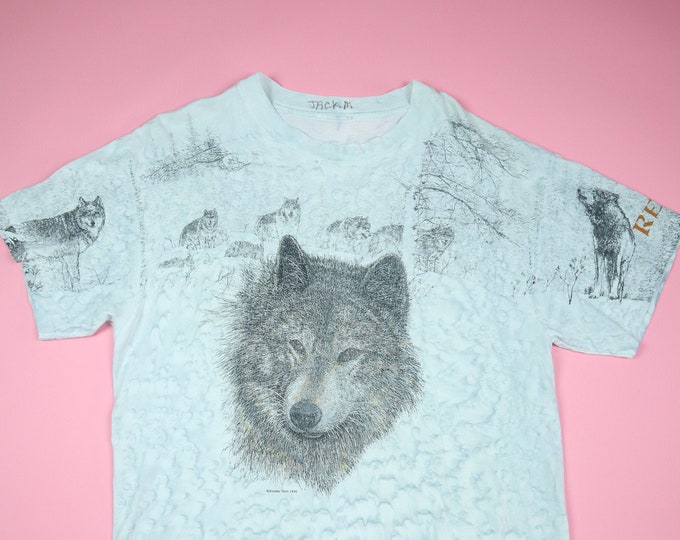 Reno Wolf Cute Animal All Over Print 1990's Vintage Tshirt