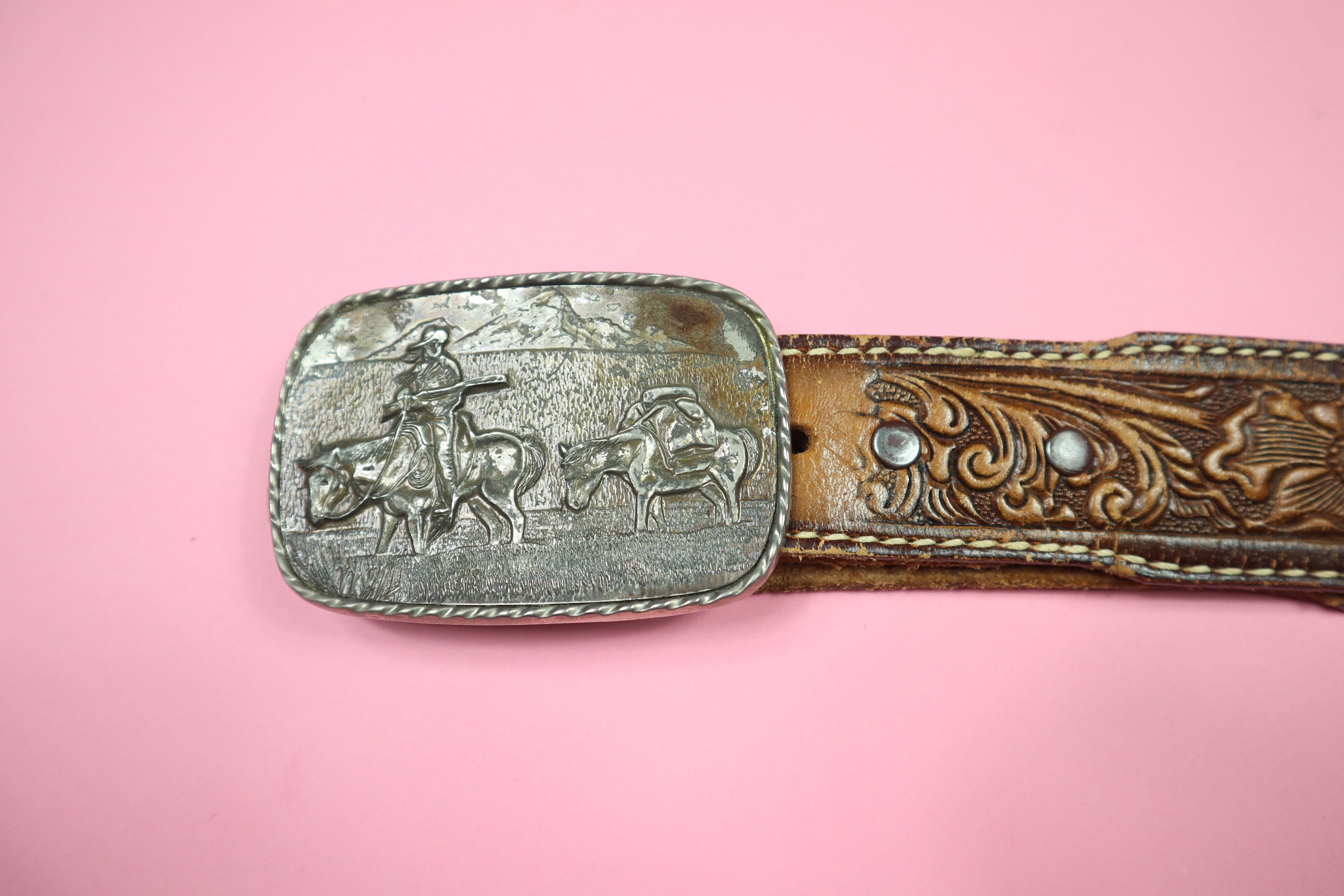 Big Belt Buckle Cowboy Leather Vintage Belt