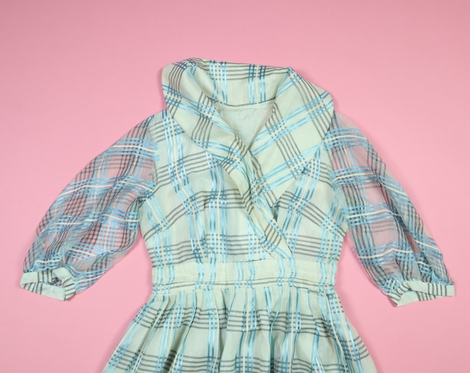 White & Blue Plaid Vintage A-Line 50s Style Dress