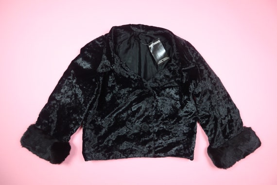 Black Crushed Velvet & Fur Vintage Jacket - image 2