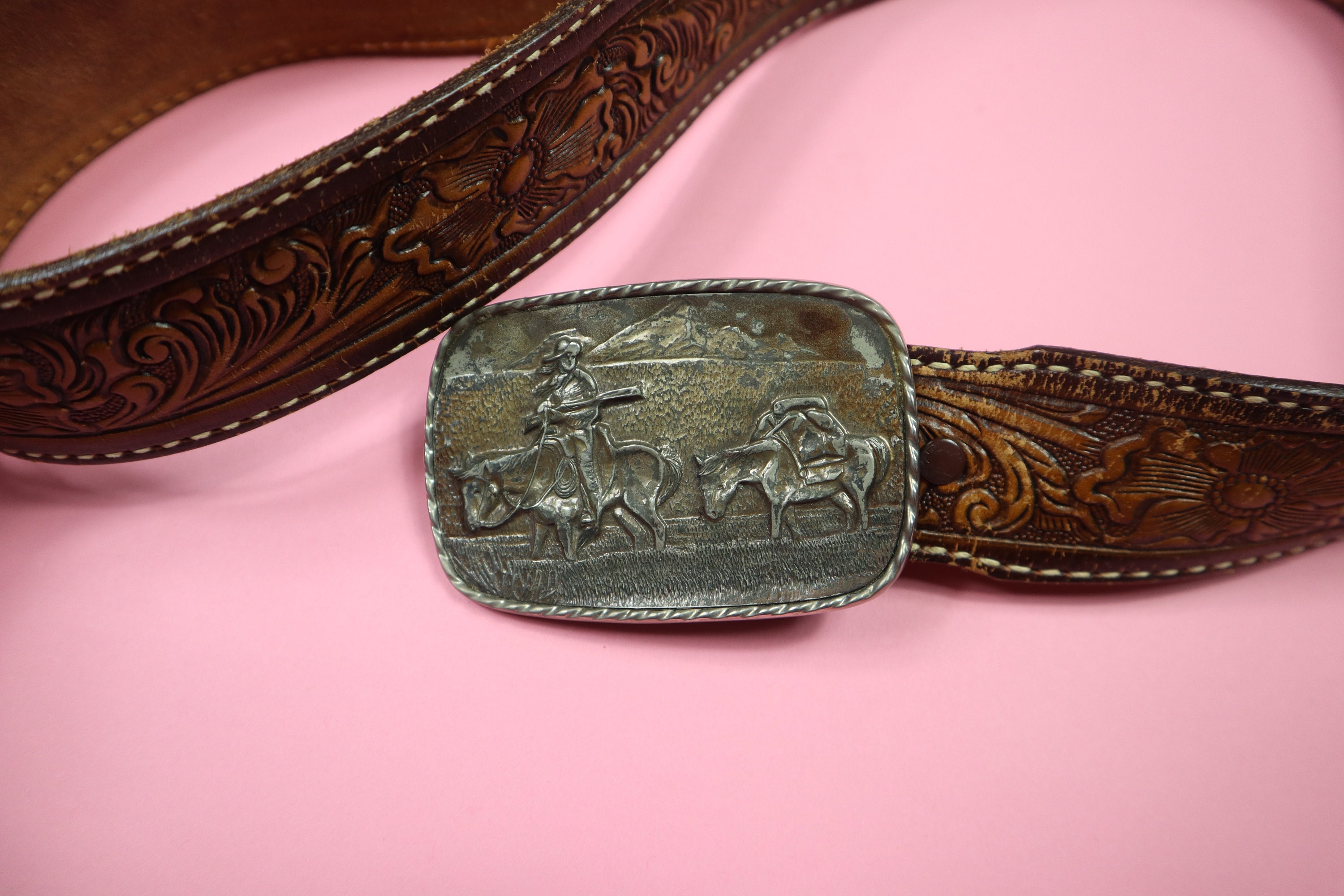 Big Belt Buckle Cowboy Leather Vintage Belt