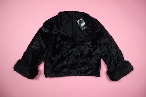 Black Crushed Velvet & Fur Vintage Jacket - image 1