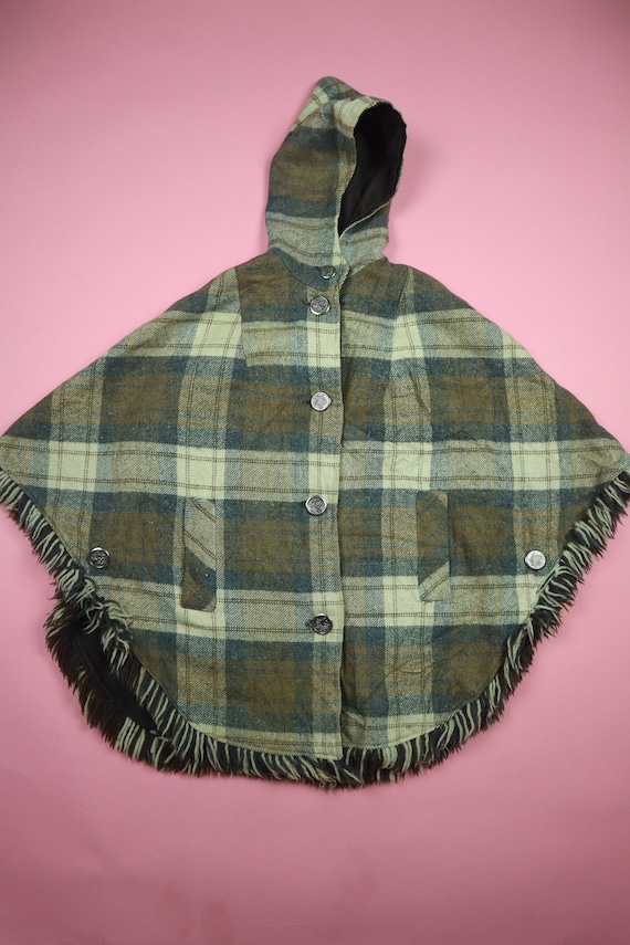 Plaid Cape With Hood & Maple Buttons Handmade 1970