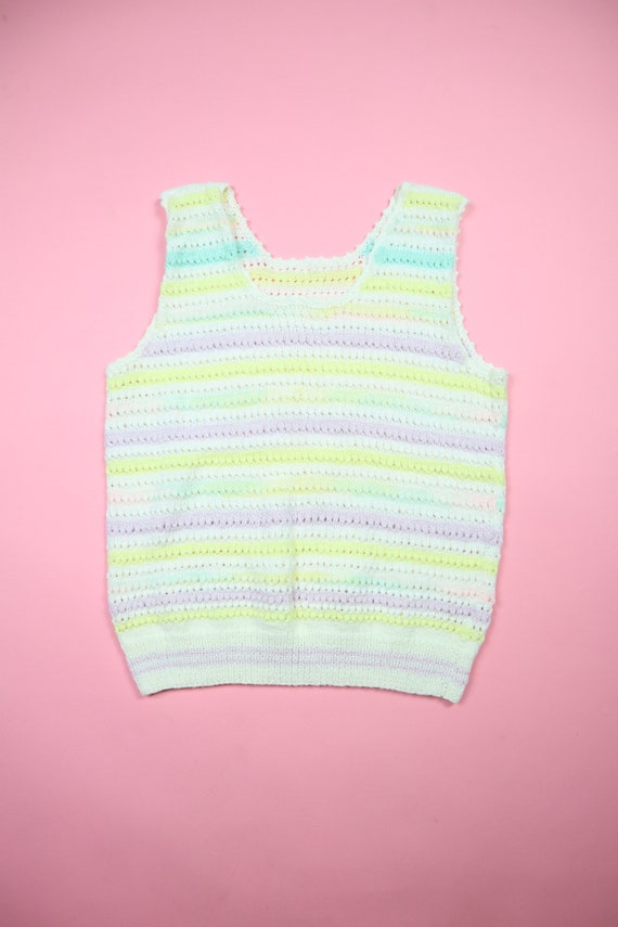 Textured Striped 1980\u2019s Crochet Knit Sleeveless Top Pink Colorblock