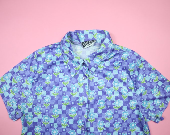 Purple Turquoise Flowers 1990's Y2K Vintage Button Up Shirt