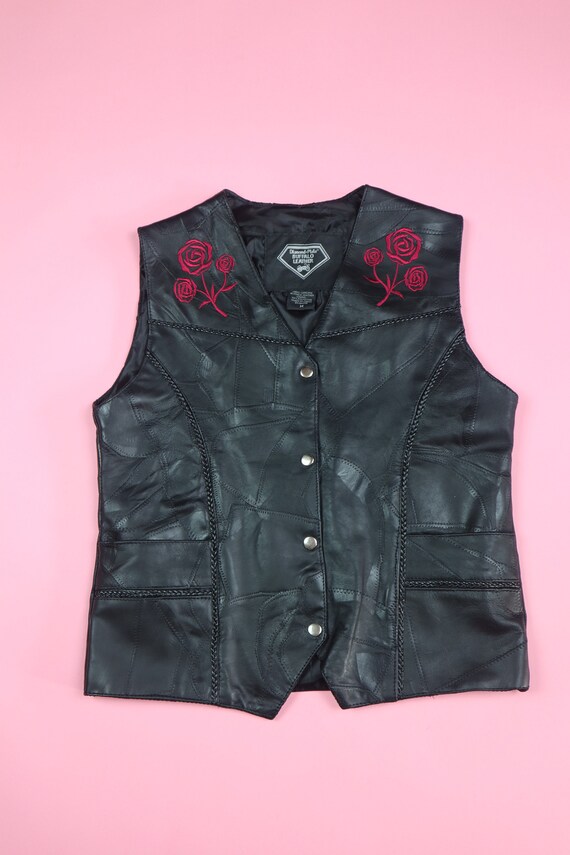 Black Leather embroidered Rose Vest