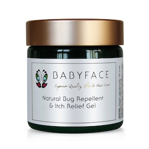 May include: A green jar with a gold lid labeled "BABYFACE Superior Quality Skin & Hair Care Natural Bug Repellent & Itch Relief Gel"