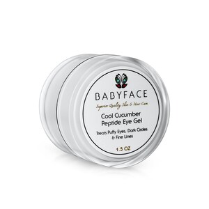 May include: A white jar of Cool Cucumber Peptide Eye Gel by BABYFACE, a brand that specialises in superior quality skin and hair care. The jar is labelled with the product name, ingredients, and size: 1.5 oz.