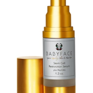 May include: A gold bottle with a pump dispenser containing a stem cell restoration serum with peptides. The bottle is labeled "BABYFACE Superior Quality Skin & Hair Care" and "1.3 oz."