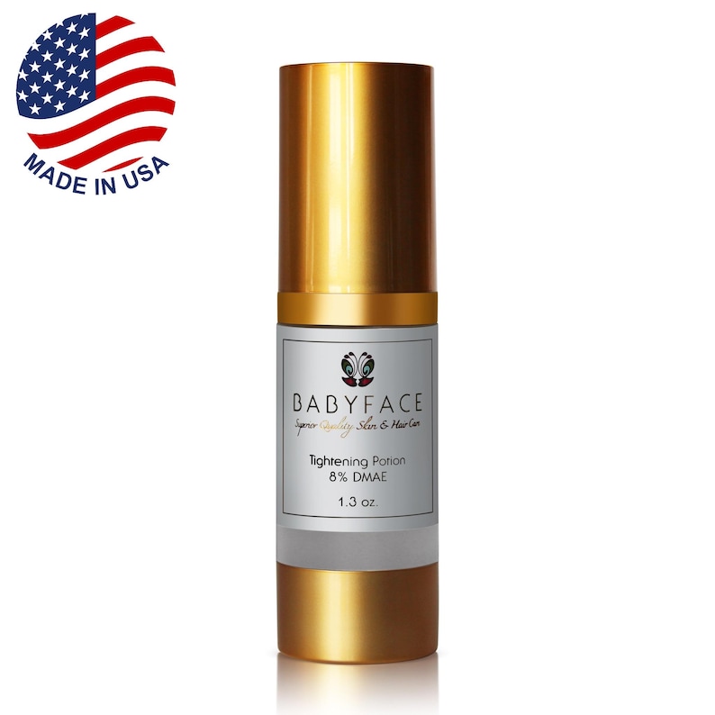 Puede incluir: Una botella dorada con una etiqueta blanca que dice "BABYFACE Super Quality Skin & Hair Care Tightening Potion 8% DMAE 1.3 oz."