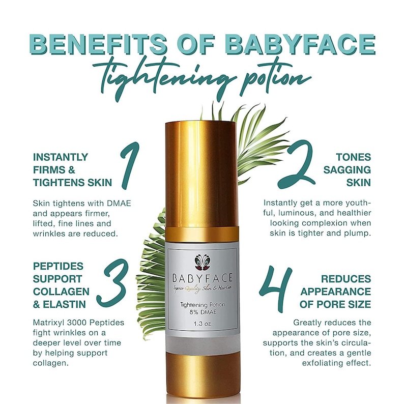 Puede incluir: Una botella dorada de Babyface Tightening Potion con 8% de DMAE. La botella est&aacute; etiquetada con los beneficios del producto, que incluyen reafirma y tensa la piel instant&aacute;neamente, los p&eacute;ptidos apoyan el col&aacute;geno y la elastina, tonifica la piel fl&aacute;cida y reduce la apariencia del tama&ntilde;o de los poros.