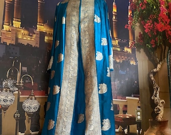 Magnifique abaya/galabeya/tunique indienne en soie bleu royal argent VINTAGE avec robe, fermeture éclair dans le dos