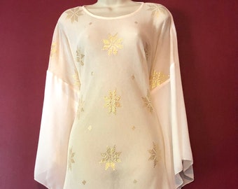 Egyptian Assuit and Chiffon White and GOLD Starflowers Kaftan/ tunic/ Cover up XL