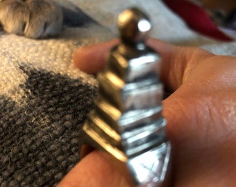 Etched Berber African round ring in tribal silver and bronze