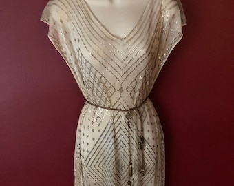 Vintage Egyptian Cream Silver Assuit Dress 1920&#39;s Gatsby/Downton Abbey/Flapper/Bellydance