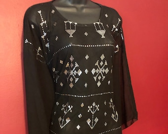 Egyptian Black Assuit Tunic Top/Caftan with Chiffon Sleeves
