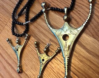 Huge Tigidite African Tuareg  Necklace AND Earring Set  BRASS or SILVER