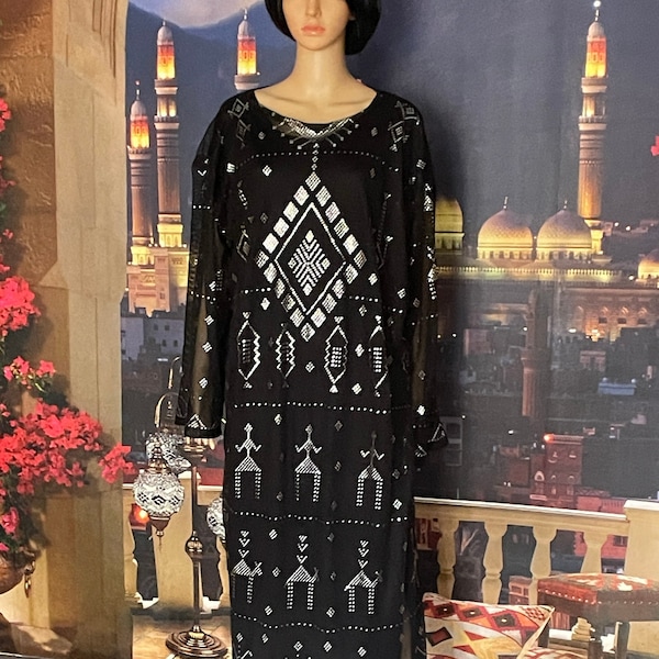 Lovely Black Egyptian ASSUIT with Silver Tunic/Galabeya/Dress/  Bellydance assuit dress   Egyptian Revival Saidi  Baladi Dress