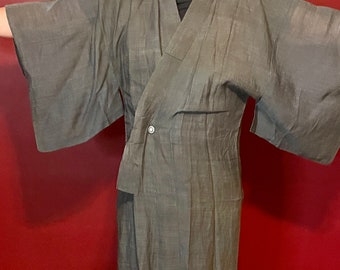 Kimono japonés antiguo/vintage raro Sarasa Gray para hombre, talla grande, con escudo familiar