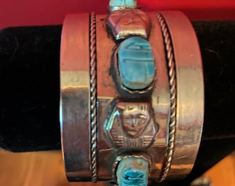 Vintage Egyptian Revival Turquoise  Pharaoh and Scarab Turquoise/Siver Cuff Bracelet 1940's