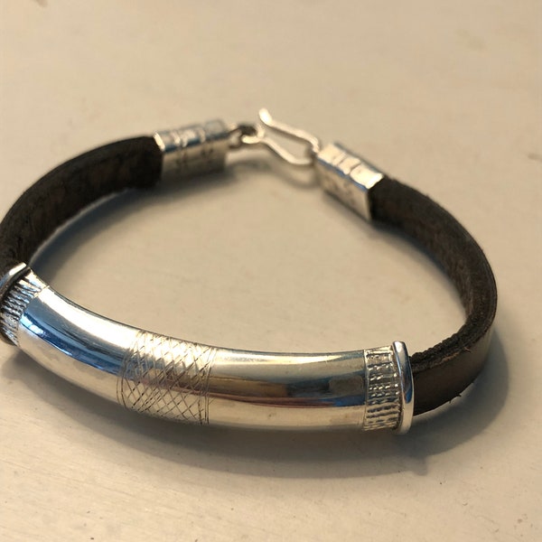 Pure .925 Silver African Tuareg Bracelet with leather and silver clasp