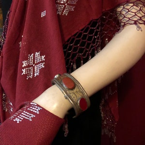 Antique Turkmenistan Carnelian  &quot;Bilezek&#39; Cuff : Tribal silver, gilding and Carnelian cuff bracelet . HEAVY 100 years old