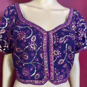 Indian Sparkly Sequin Choli Top  XL Tribal Bellydance  Purple/Blue/Gold adjustable Sari Blouse/Choli