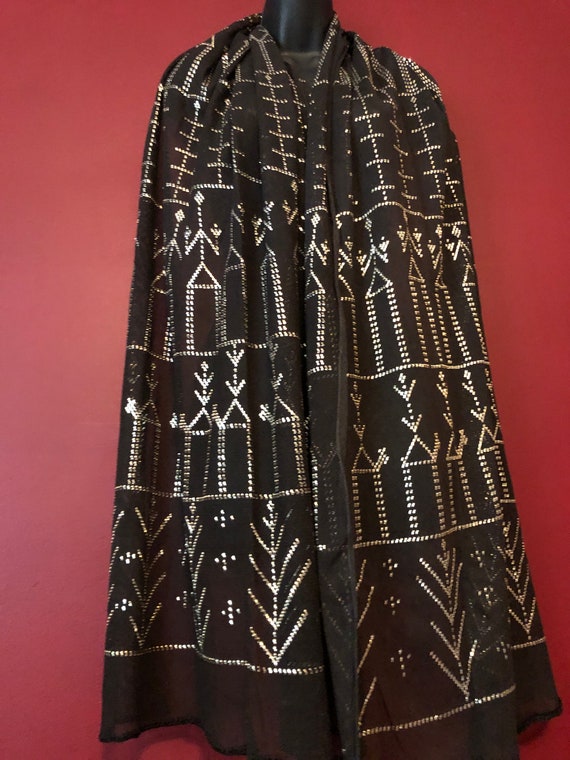 Midnight Candle Dancers Vintage Egyptian Assuit Shawl 1908 Antique Assuit Black Silver Egyptian revival  Bellydancer drape