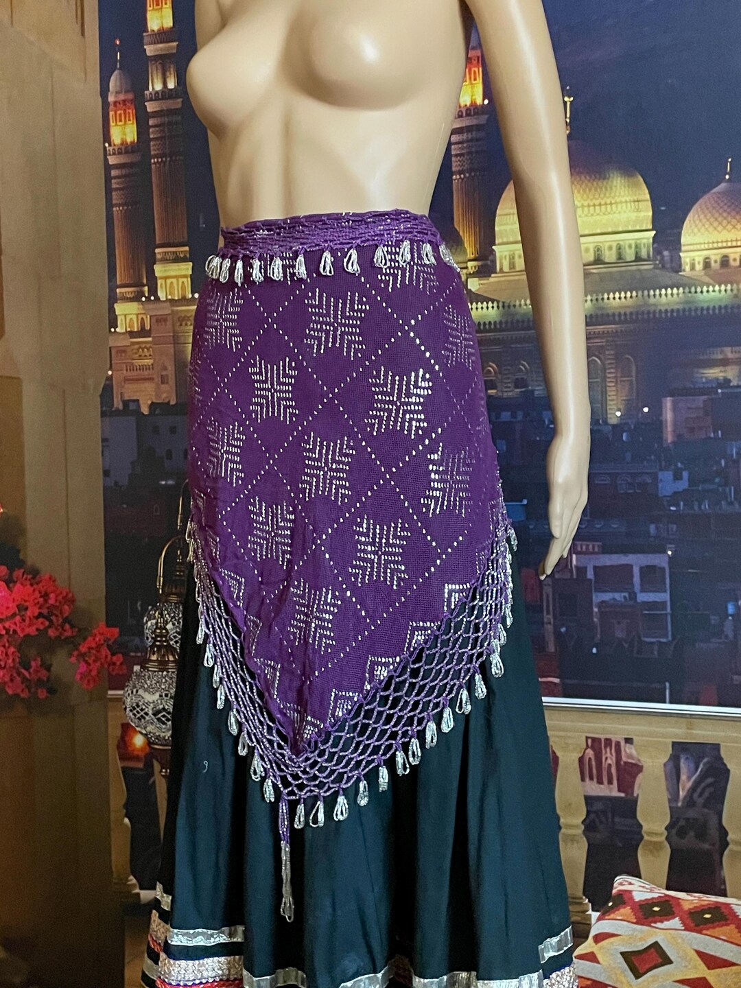 Assuit Beaded Hip Scarf/Sash Purple B
